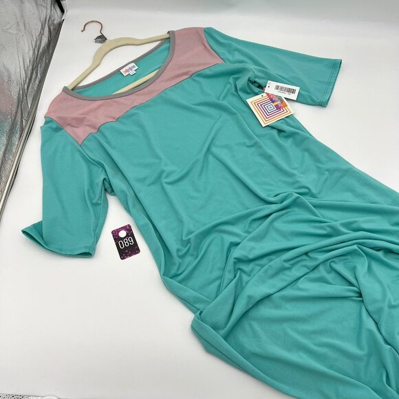 New with tags LuLaRoe Julia Dress 3XL (24-26) Pastel Teal and Pink - Picture 1 of 5